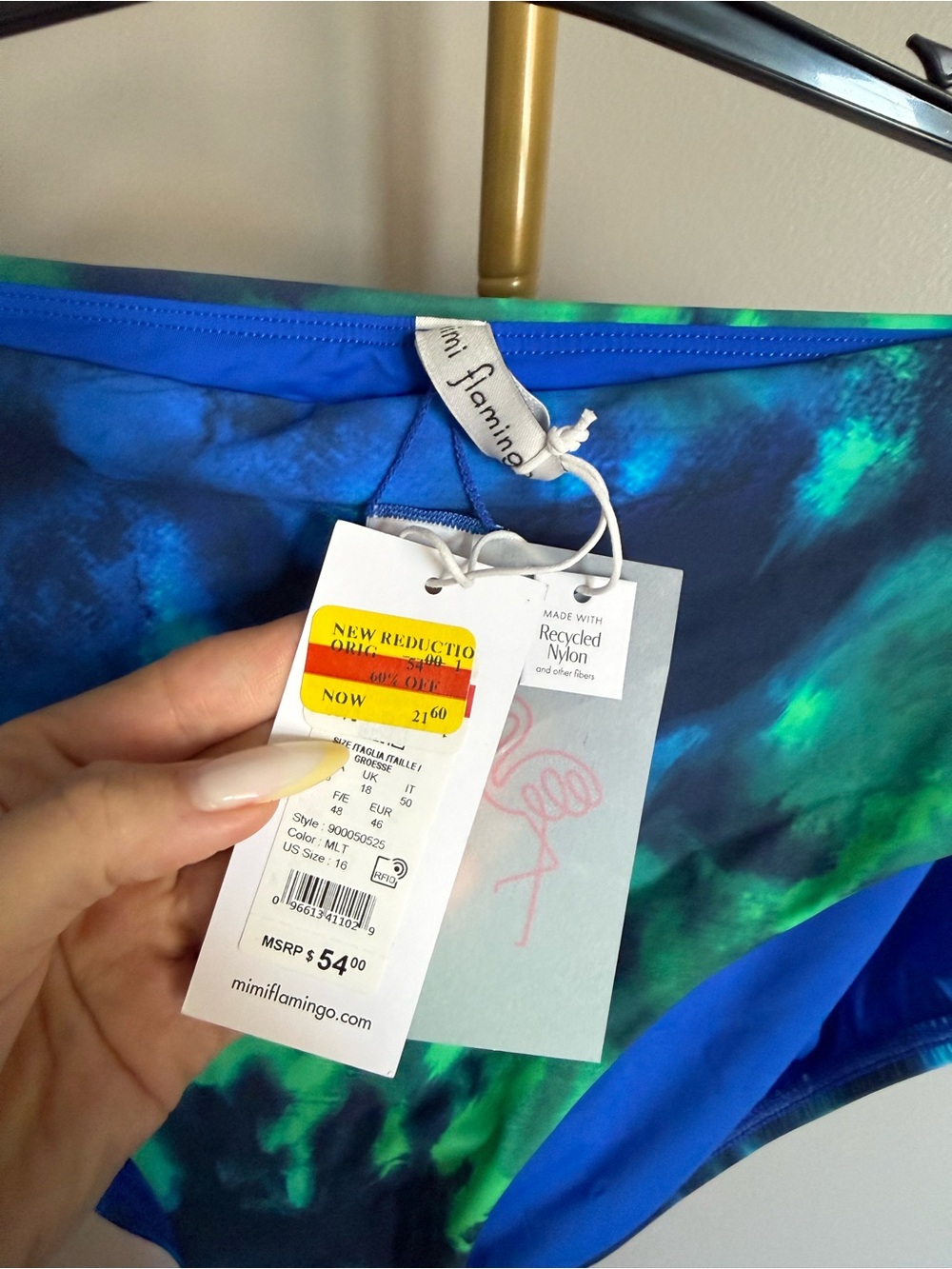 NWT MiMi Flamingo High-Waist Bikini Bottoms – Blue/Green Watercolor Print - US16 - Picture 2 of 4